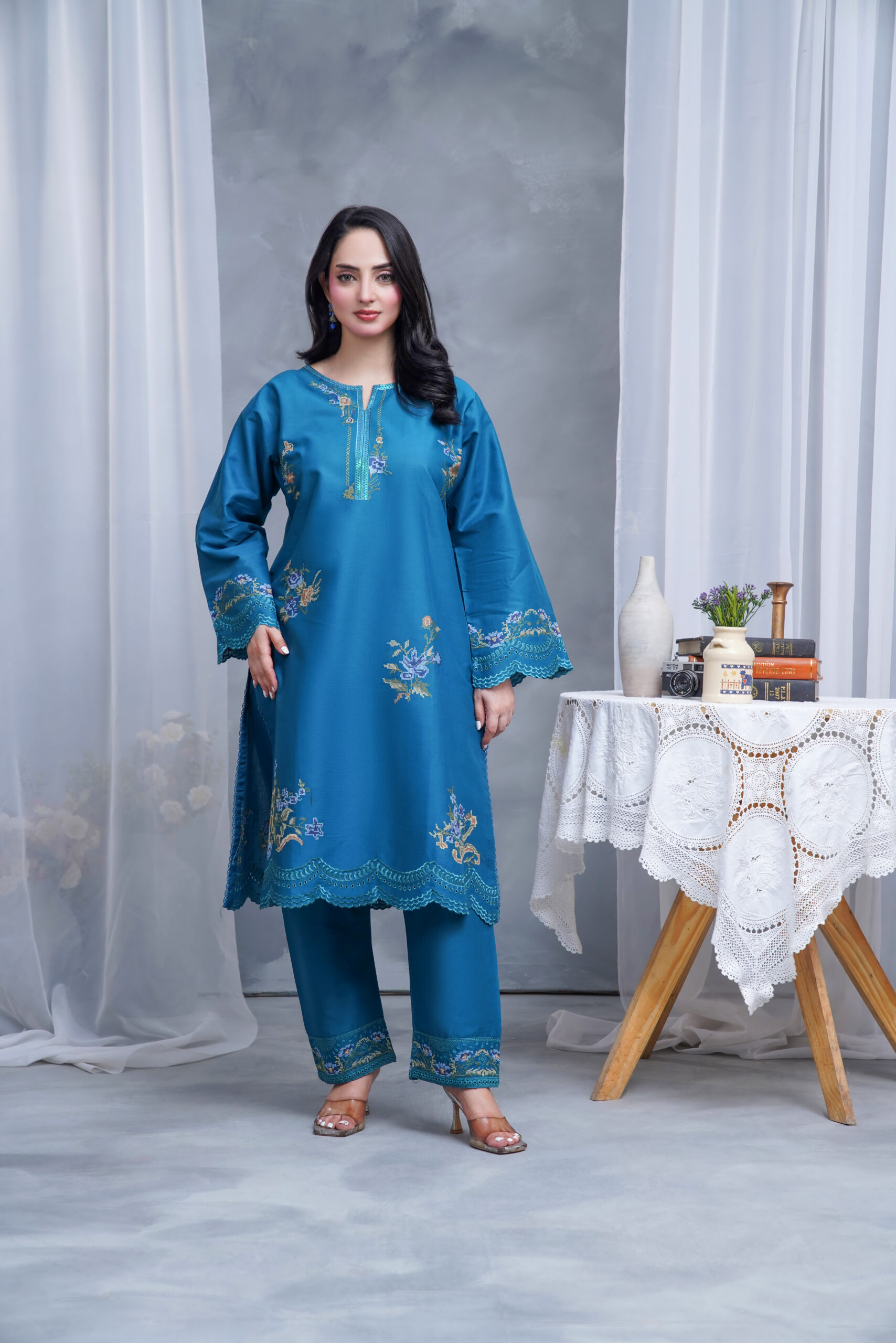 Royal Teal Bloom Chiffon 2-Piece Suit
