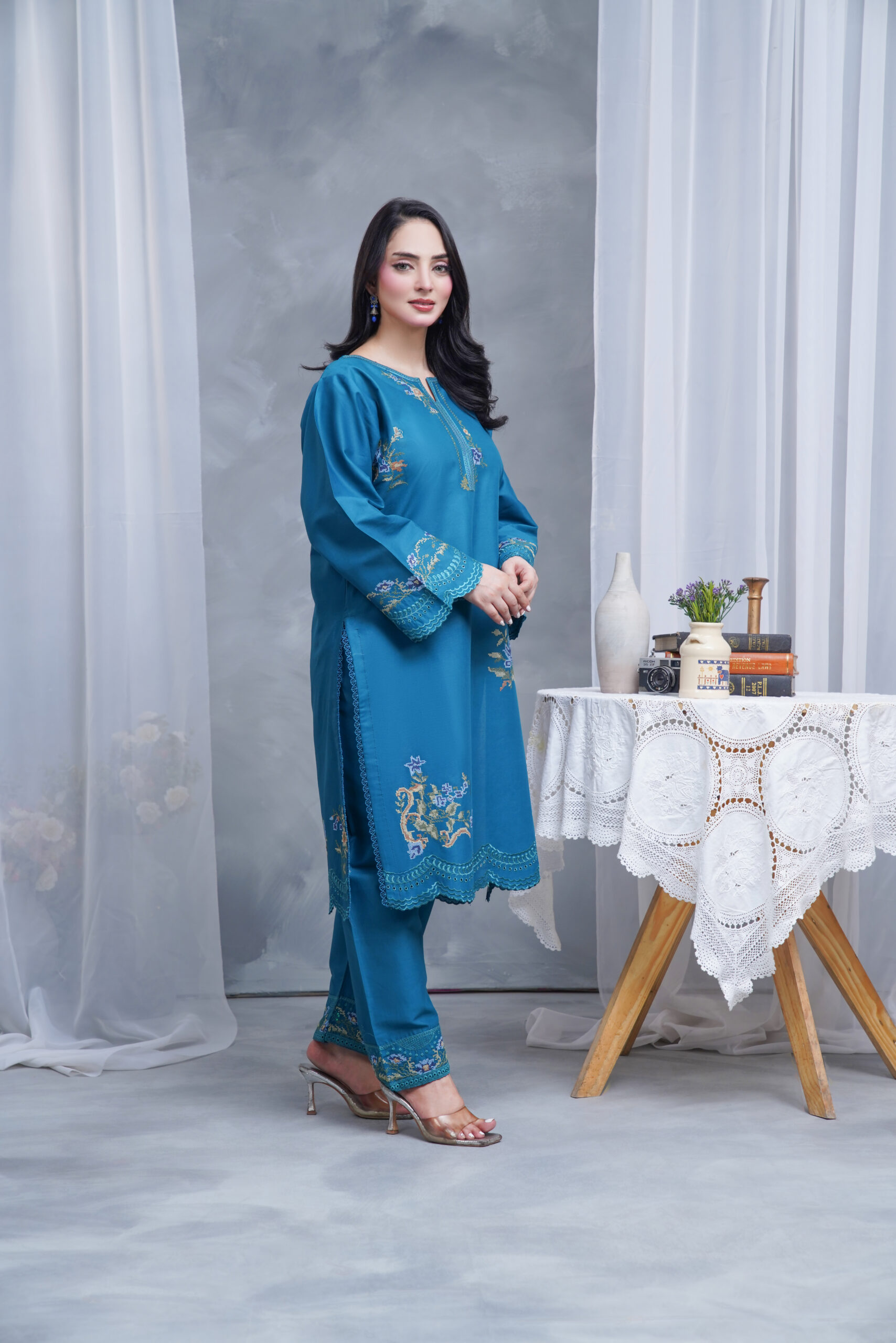 Royal Teal Bloom Chiffon 2-Piece Suit - Image 2