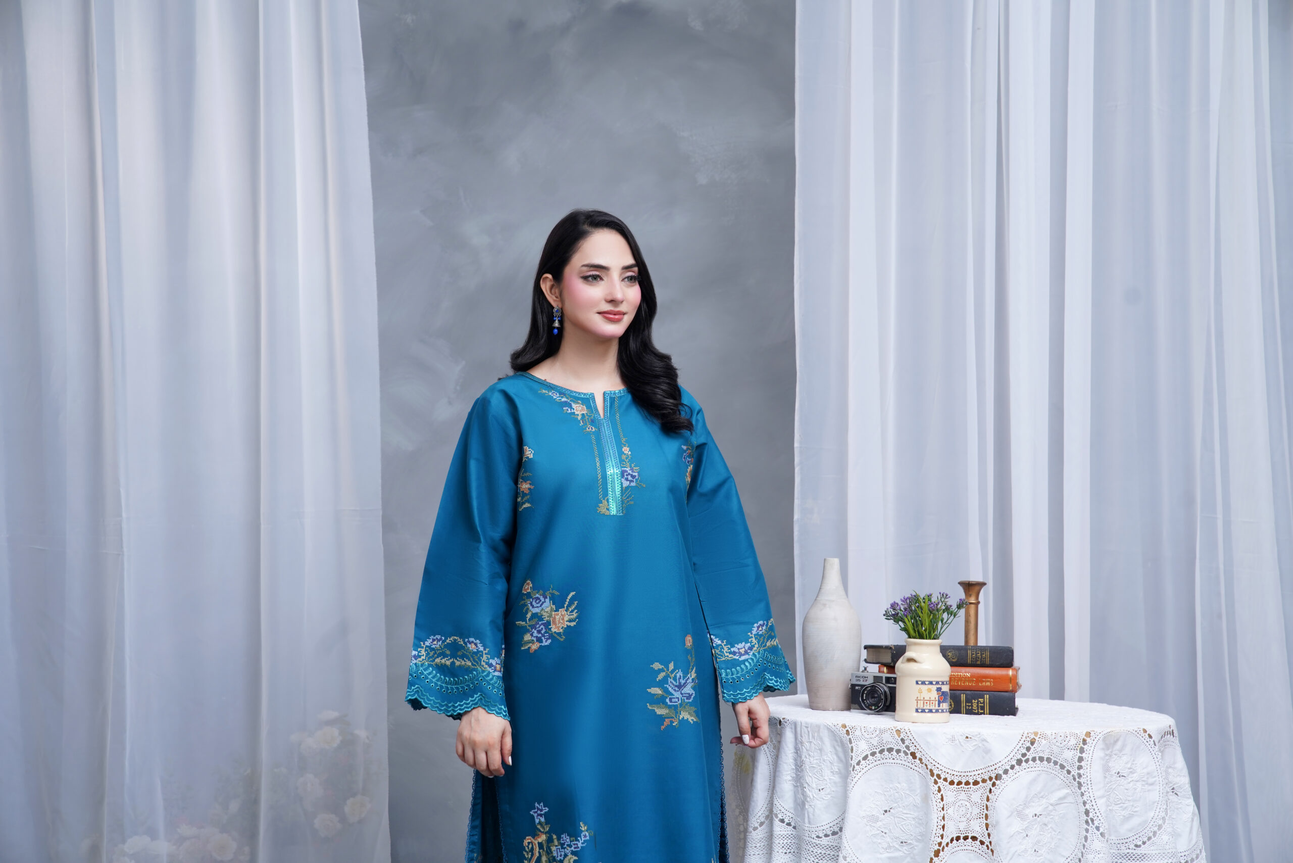 Royal Teal Bloom Chiffon 2-Piece Suit - Image 3
